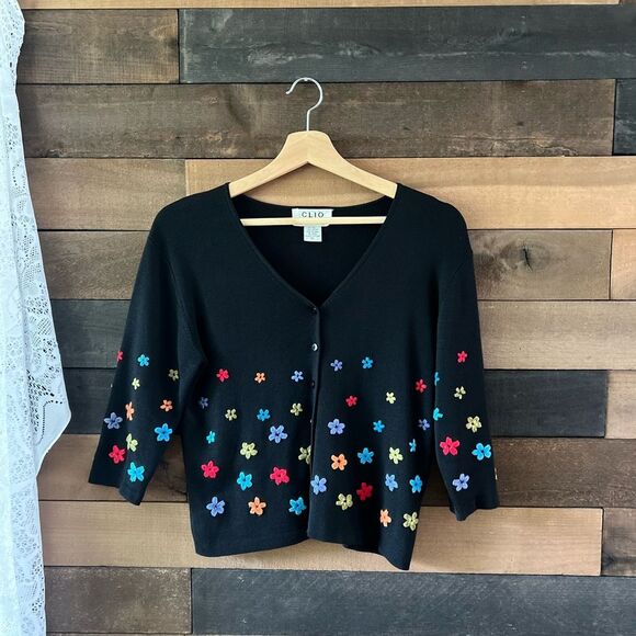Vintage 80s CLIO Petites Black Silk Colorful Floral Embroidered Cardigan Sweater - Picture 5 of 14